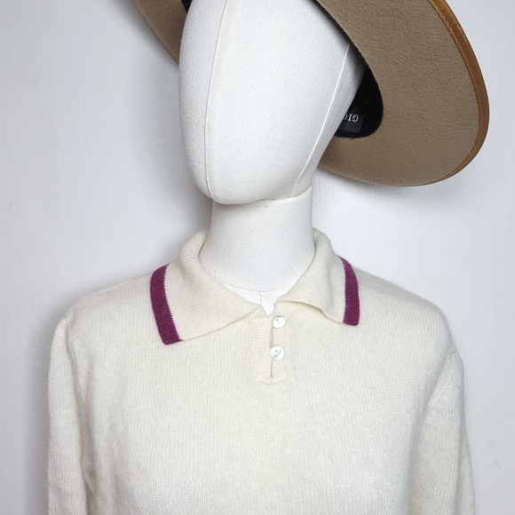 LL Bean Lambswool Angora Blend Polo Sweater Cream Medium Large Fall Winter - Picture 3 of 11